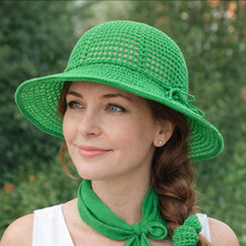 Chapeau de soleil en lin vert au crochet pour femmes, large bord, chapeau d'é...