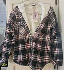 Boston Traders Sherpa Lined Hooded Flannel Shacket Womens S Black Plaid NWT NICE