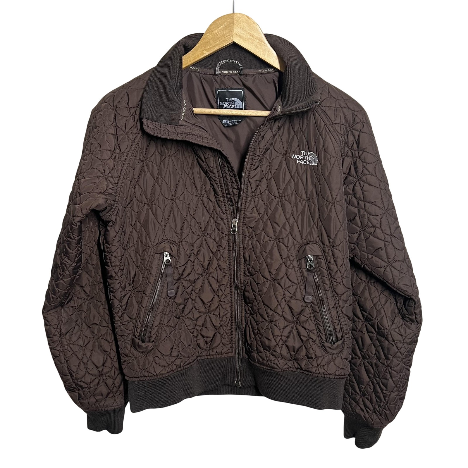 The North Face Quilted Bomber Jacket Womens Large Brown Full Zip Nylon Pockets