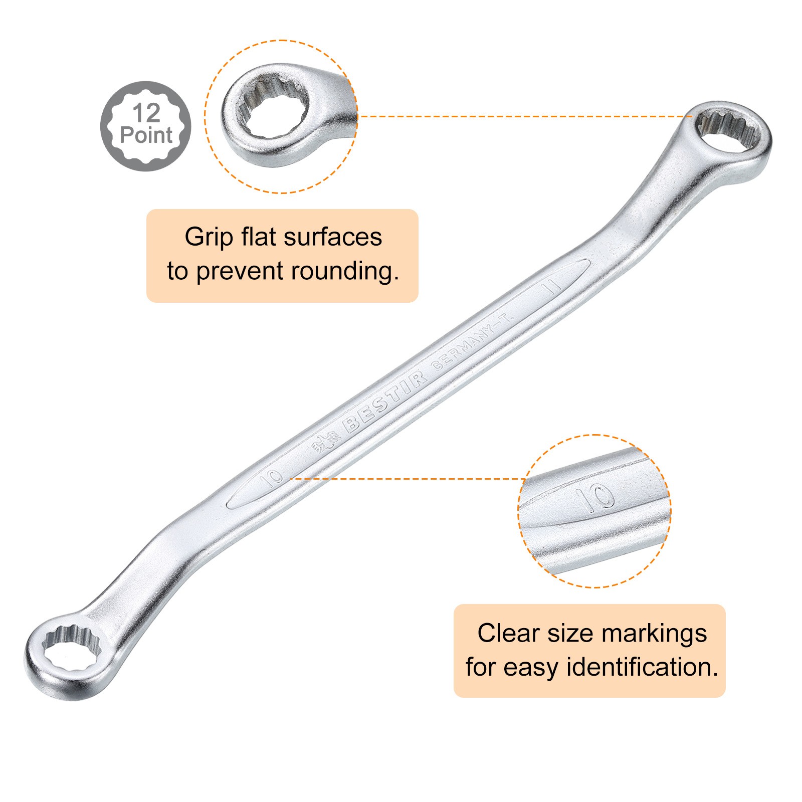 2pcs 45-Degree Offset Box End Wrench 10mm x 11mm Metric Double Box End Wrench