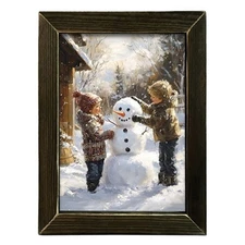 NEW Primitive PRINT BUILDING A SNOWMAN CHILDREN WINTER Framed 17.75" H Christmas