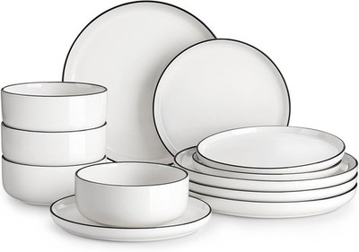MALACASA Plates and Bowls Sets, 12 Pieces Modern Porcelain Dinnerware Set for 4