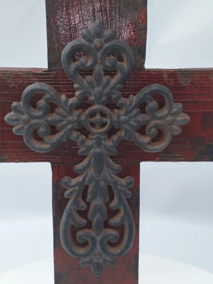 Cast Iron Cross On Aged Wood, Rustic Decorative Layered 15" X 10" Wall Art - Image 4 of 4