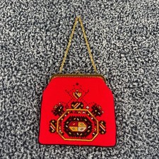 Vintage Red Needlepoint Heraldic Crest Evening Bag Gold Chain Kiss Lock Clutch