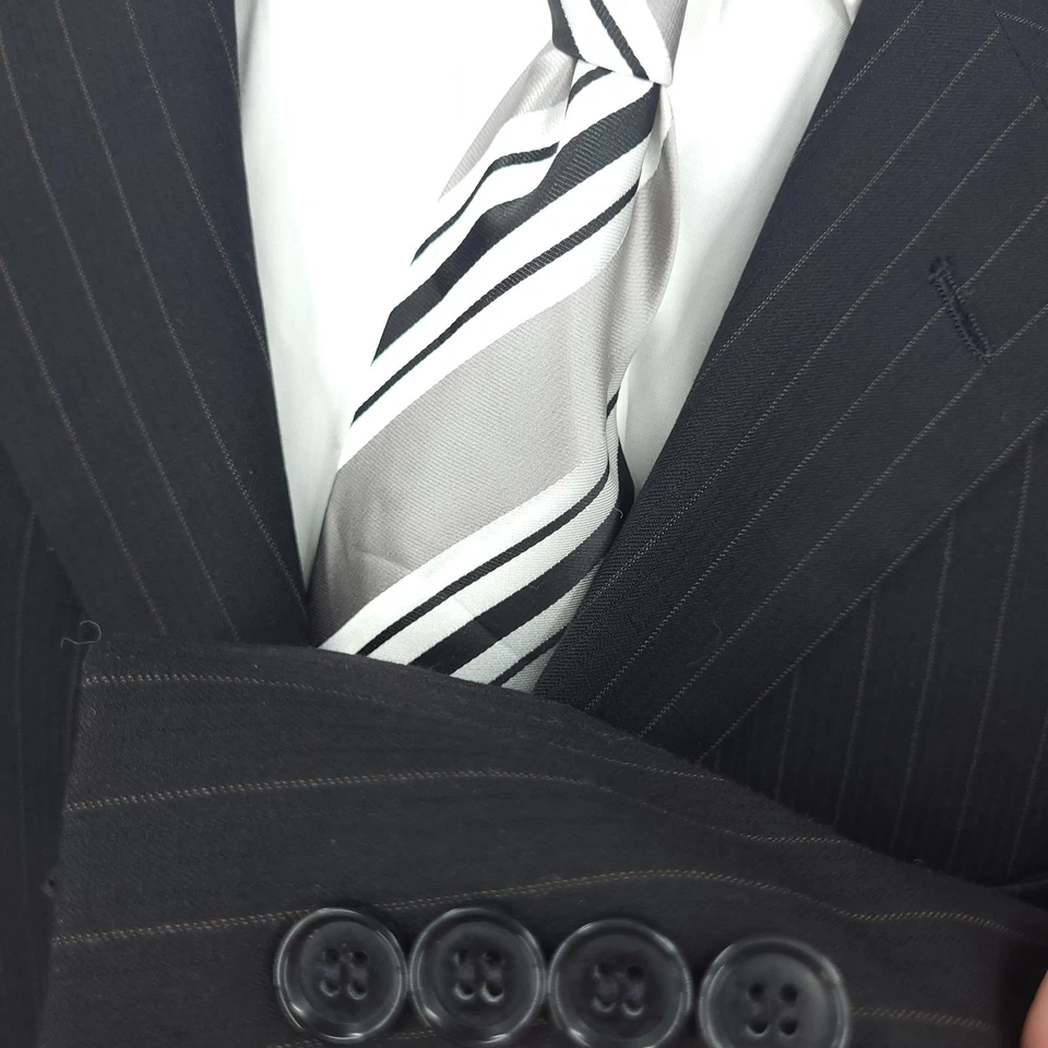 Andrew Fezza Blazer Mens 42 R Black Pinstripe 100% Wool Sports Coat 3 Buttons - Image 3 of 4