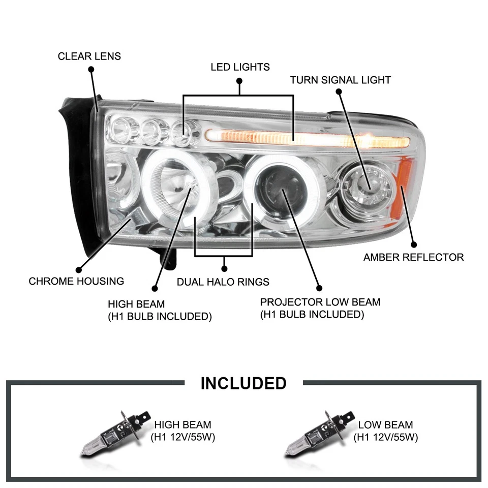 Fits 1994-2001 Dodge Ram 1500 2500 3500 LED Halo Projector Headlights Lamp 94-01 Foto 3 de 4