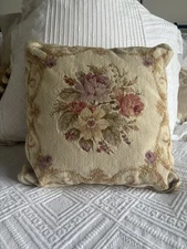 Vintage Needlepoint Petit Point Floral Pillow Victorian Shabby Chic  13”