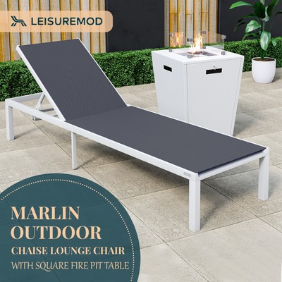 LeisureMod Marlin White Aluminum Outdoor Chaise Lounge Chair with Fire Pit Table