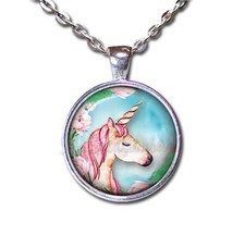 Whimsical Pretty Unicorn Pink Mane Handmade Round Glass Pendant Necklace jewelry