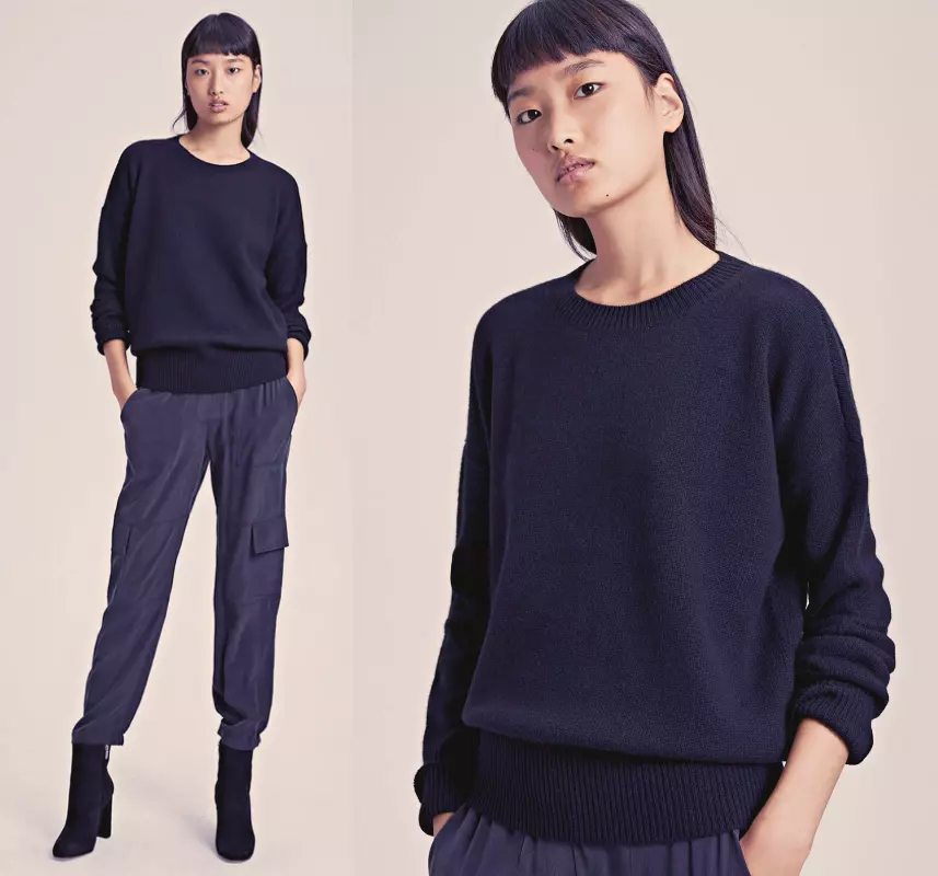 Theory Karenia F Soft 100% Cashmere Arc Hem Sweater in Inkwell (Navy) sz L $315