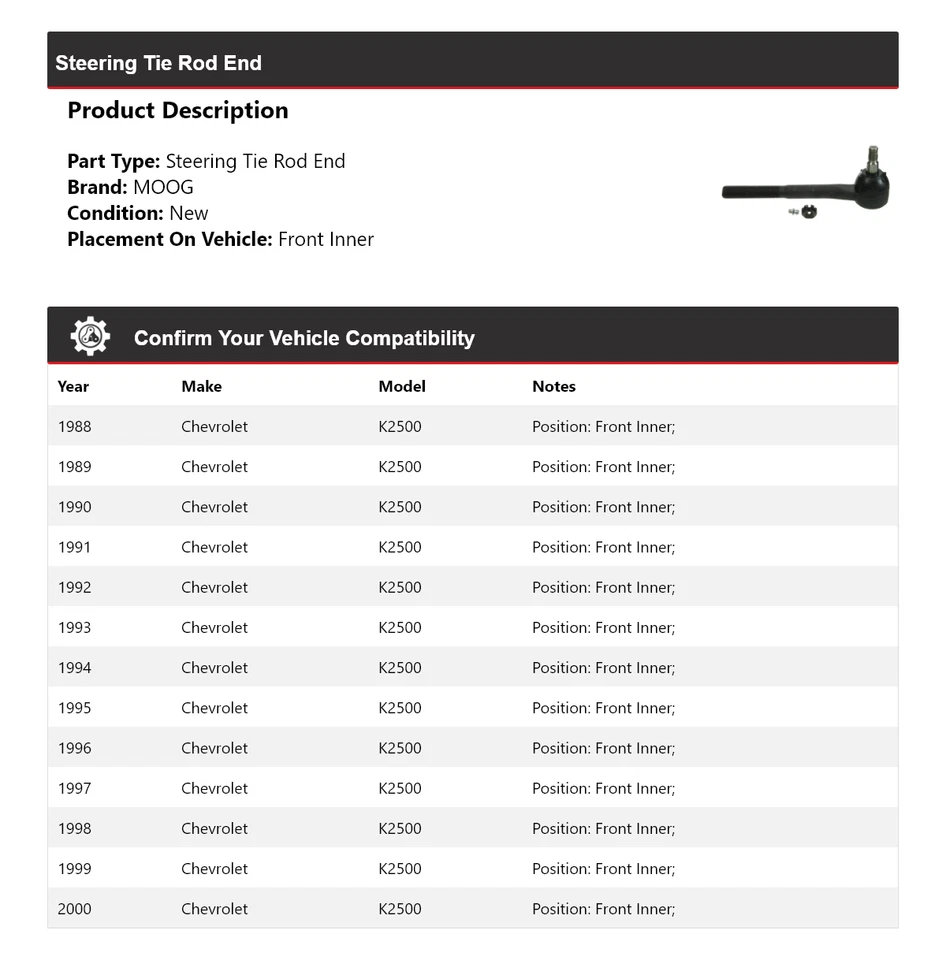 Para Chevrolet K2500 1988-2000 extremo de barra de dirección interior delantero MOOG 1988 1989 Foto 2 de 4