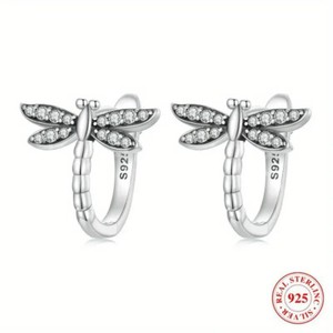 Authentic 0.2ct Round Cut Moissanite Dragonfly Huggies Earrings 14K White Gold Plated