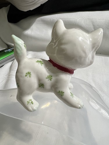 Standing White Kitty Cat Green Floral Irish-Clovers~Dresden Figurine~Red Bow Tie - Picture 8 of 9