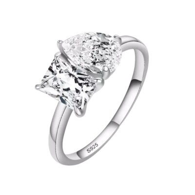 Dazzling Emerald And Pear CZ Engagement 925 Sterling Silver Ring Fine Jewelry 