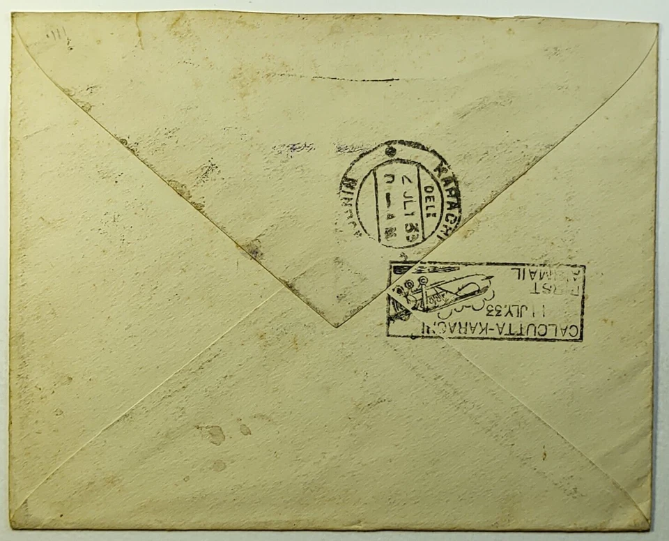 India KGVI 1933 Primer Vuelo Correo Aéreo Cubierta Calcuta a Karachi Foto 2 de 2