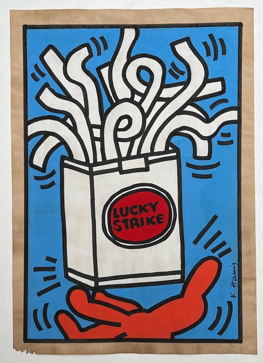 Keith Haring (Handmade) Drawing On old Paper Signed & Stamped, Vtg