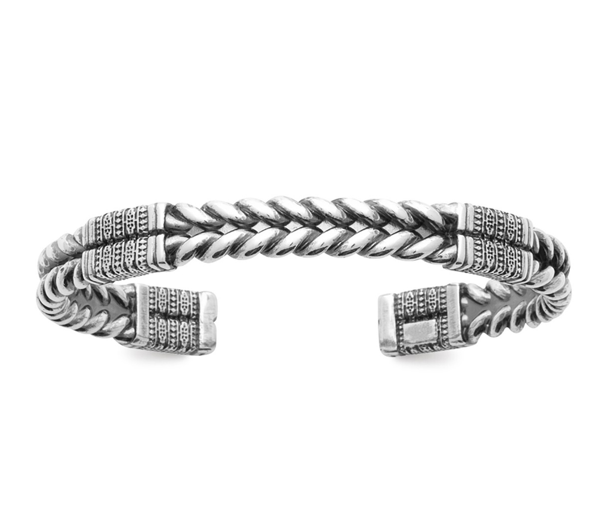Bracelet Jonc Homme En Argent 925 Vieilli - Motif Tribal Et Finition Tressée, Marque Tata Gisèle