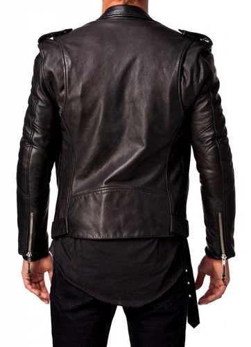 Men Leather Jacket Motorcycle Black Slim fit Biker Genuine lambskin jacket - Picture 2 of 4