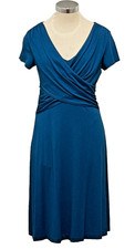 TALBOTS Size 6 Teal Faux Wrap Pull Over Ruching Slimming Jersey Dress Minimalist