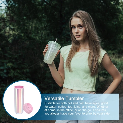 Skinny Acrylic Tumbler with Lid & Straw, 16Oz Iridescent Tumblers (Pink) - Picture 5 of 6