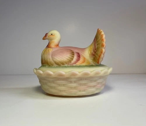 Fenton Glass ~ Turkey / Hen on Nest / Basket ~ Hand Painted by M. Workman