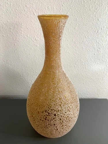 Beautiful Vintage Italian Yellow Orange Amber Glass Scavo Finish Vase Not Murano