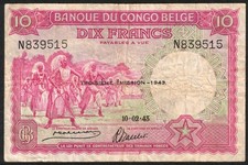 1943 BELGIAN CONGO 10 Francs  VF P-14c