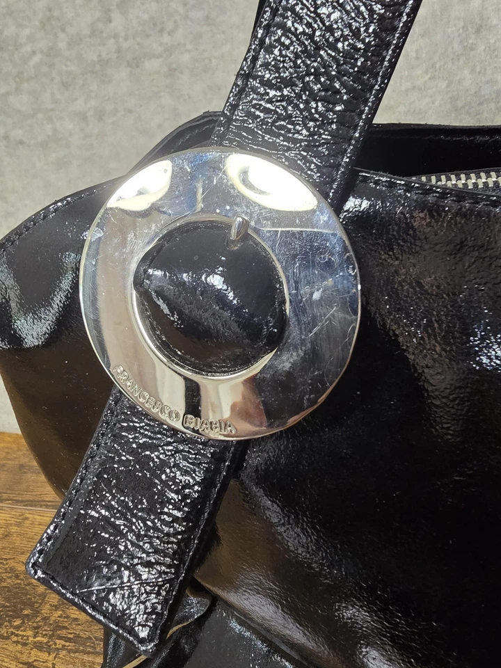 复古 Francesco Biasi 黑色漆皮大号银色扣托特包钱包 — 第 3/4 张图片