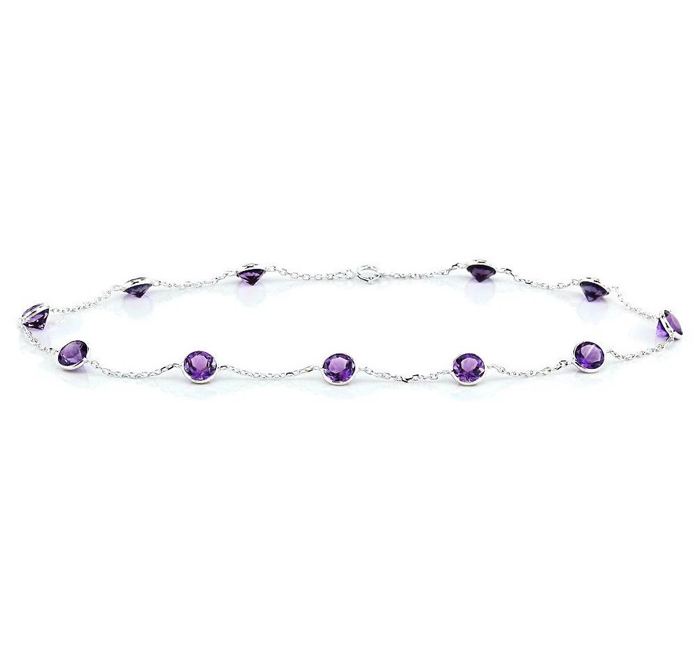 Cavigliera In Argento 925 Placcato Oro 14k Con Ametista Viola - Catena Precious Stars
