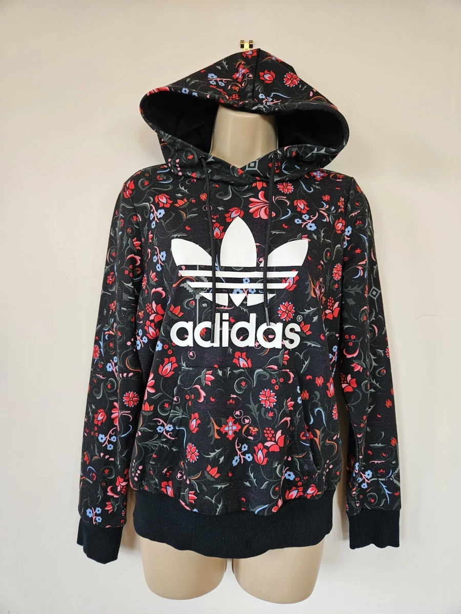 ADIDAS Floral Trefoil HOODIE Sweatshirt S UK 10 Long Sleeve Jumper Pocket  Black | eBay