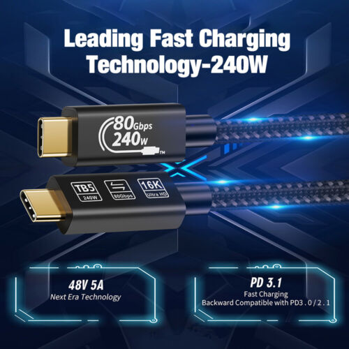 USB C to USB C Charging Cable 240W 80Gbps Data Thunderbolt 5 16K@60Hz USB4 Cord - Picture 4 of 10