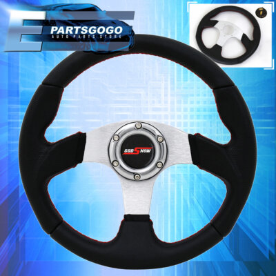 Universal Black Silver Steering Wheel Red Stitching + Godsnow Horn Button