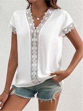 Women's Blouse - Lace Detail V-Neck Cap Sleeve Blouse