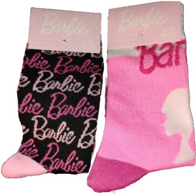 Barbie Womens Socks 2 Pk Size 9-13 Stocking Pinks Logo Black Crew Mattel