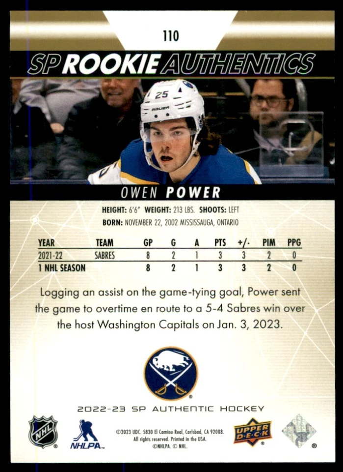 2022-23 SP Rookie Authentics Gold Owen Power /199 #110 - Image 2 of 2