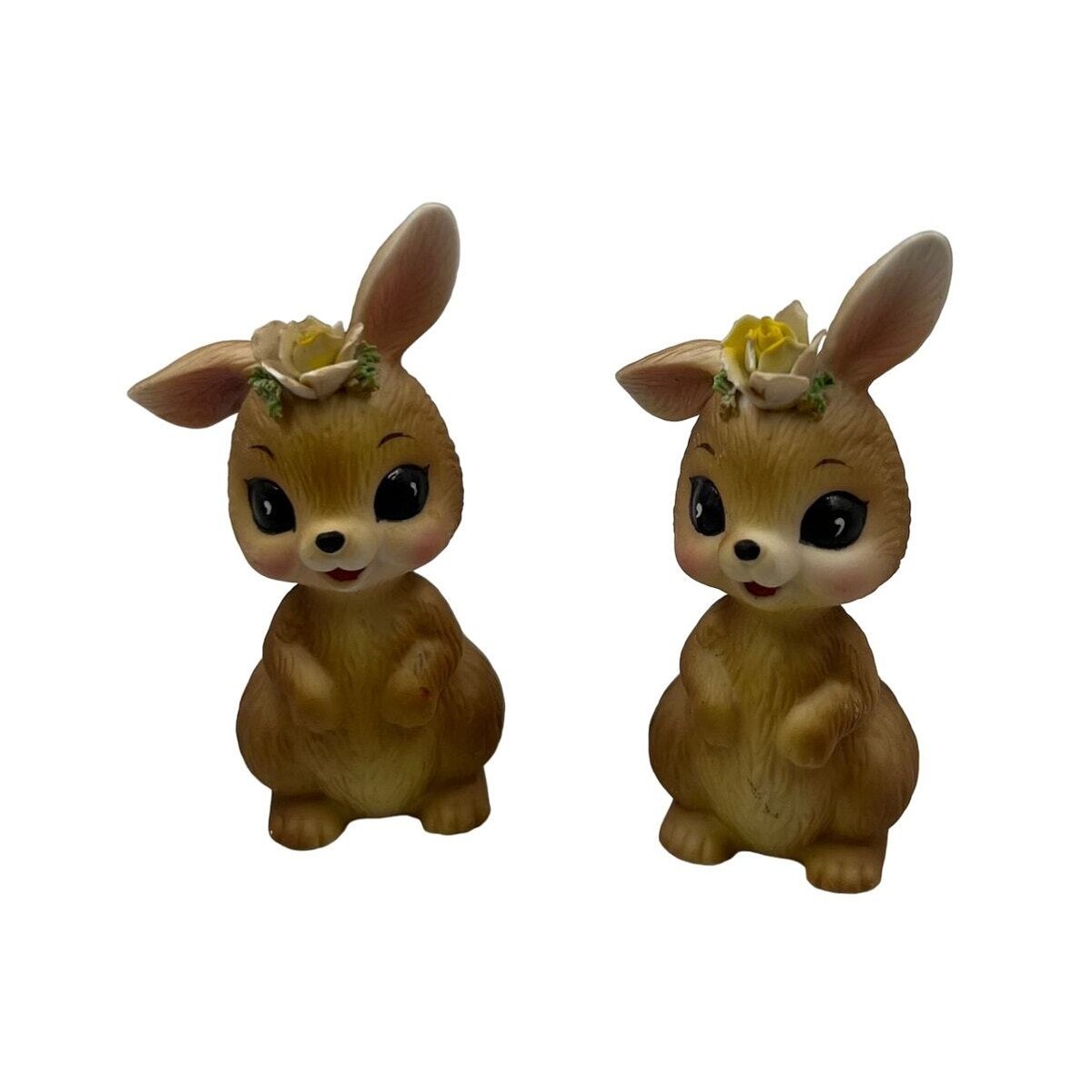 Vintage Josef Originals 2 Ceramic Bunny Rabbits Yellow Rose Bent 