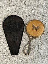 SMALL DECORATIVE PEACH & GOLD TONE FILGREE BUTTERFLY HANDBAG MIRROR