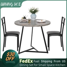 Dining Set Round Wood Top Table and 2 Upholstered Chairs for Small Space Kitchen