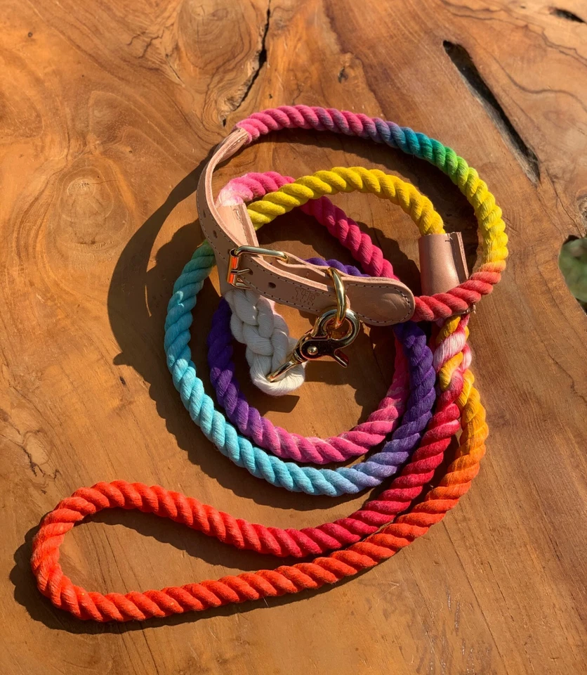 BULPET Eco Friendly Cotton Handmade Dog Ombre Rainbow Rope Collar and Leash - Image 2 of 4