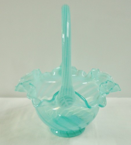 Fenton Glas persisch blau 1989 opalisierend Spirale gekräuselt 8" Korb türkis grün - Bild 2 von 7