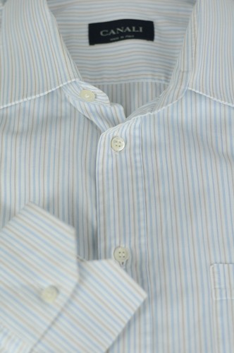 Camisa de vestir Canali para hombre blanca azul y bronceada a rayas de lujo algodón 17 37 | eBay