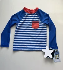 ANDY & EVAN toddler Boys 2t blue stripe long sleeve Red Pocket Rashguard UPF 50+