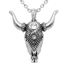 skull bull Head necklace Taurus Bull pendant clear Crystals Stainless Steel