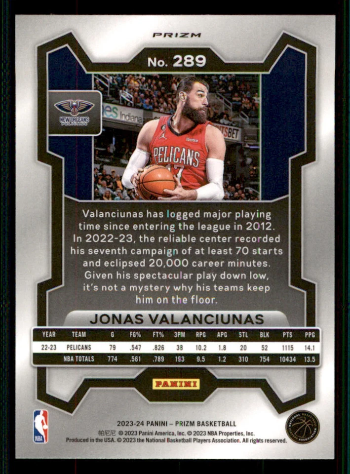 2023-24 Panini Prizm Prizms Ice #289 Jonas Valanciunas - Image 2 of 2
