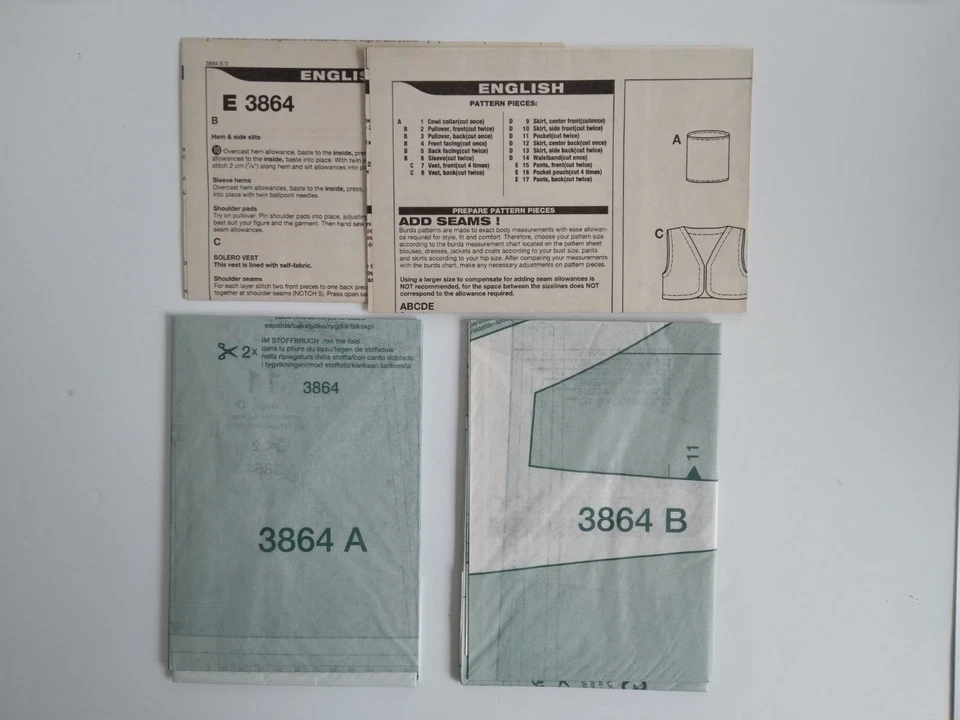 BURDA #3864 MISSES SIZES 10-12-14-16-18-20 TOP COWL VEST SKIRT PANTS PATTERN UC - Image 2 of 2