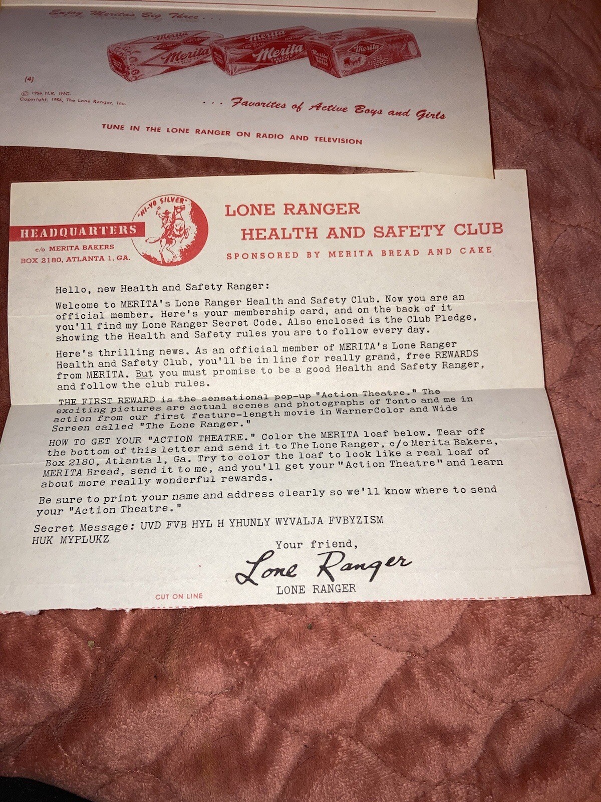 1956 Lone Ranger Merita Bread Letters Secret Code Card Club Rules ...