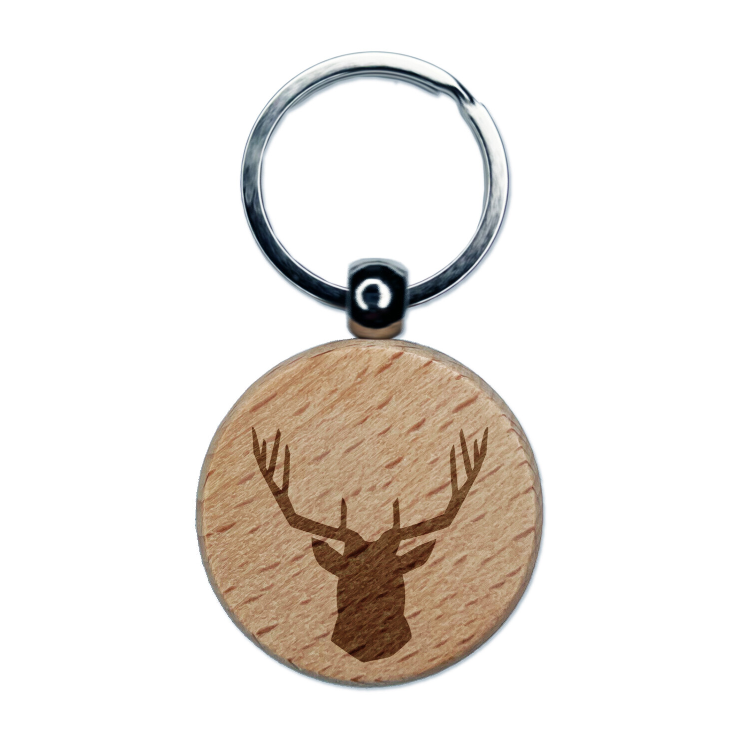 Deer Stag Head Solid Engraved Wood Round Keychain Tag Charm