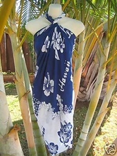 Sarong Pareo Blue/White Hibiscus Hawaiian Luau Cruise Beach Pool Wrap Dress