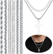 Stainless Steel Cross Pendant Necklace Set - 6PCS Layered Chains for Men  Women
