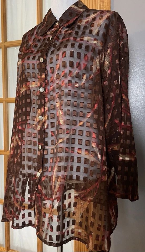 Blusa Geométrica Transparente Años 80 De Colección 1X Roja Marrón Abotonada Manga Larga Fiesta Carrera Foto 2 de 4